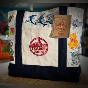 Fully Embroidered Large Trader Joe’s Canvas Tote Bag feat. Sea Creatures Theme